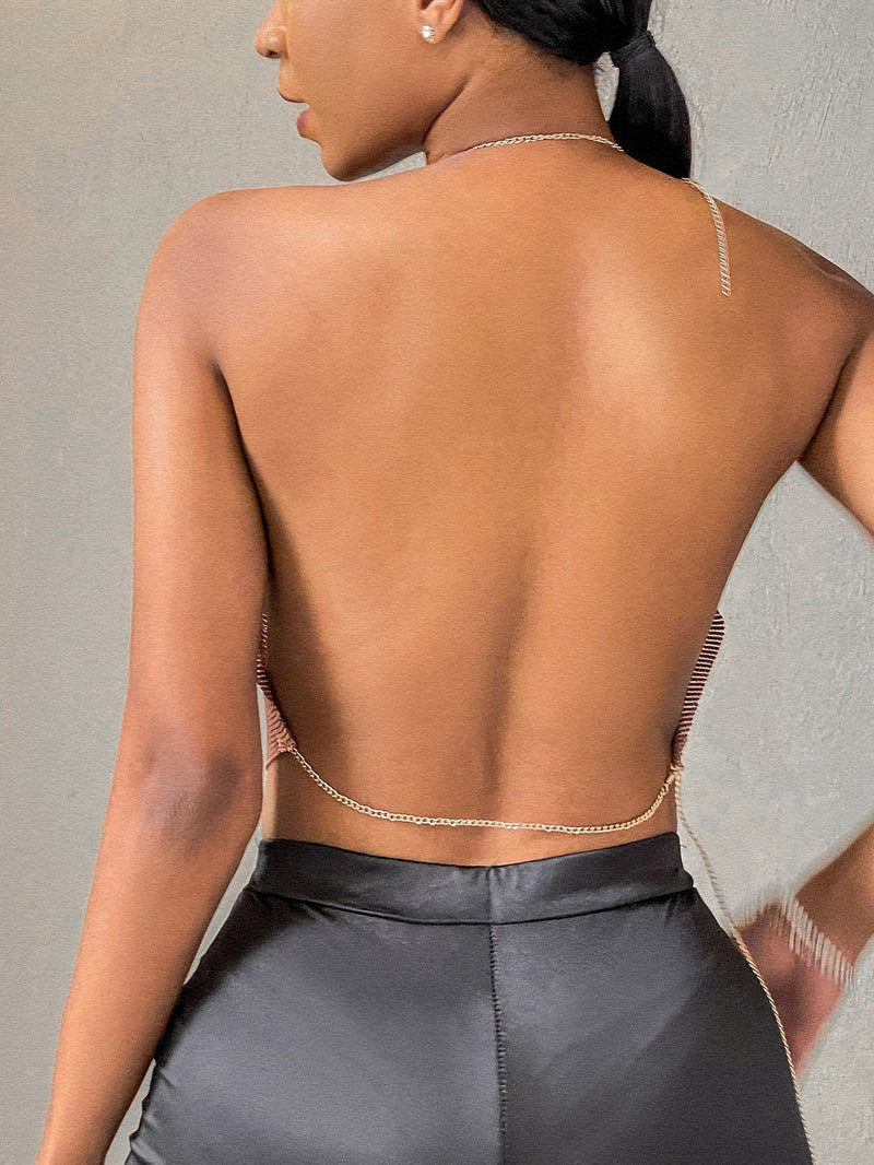 My Business Cowl Neck Backless Metallic Chain Halter Top