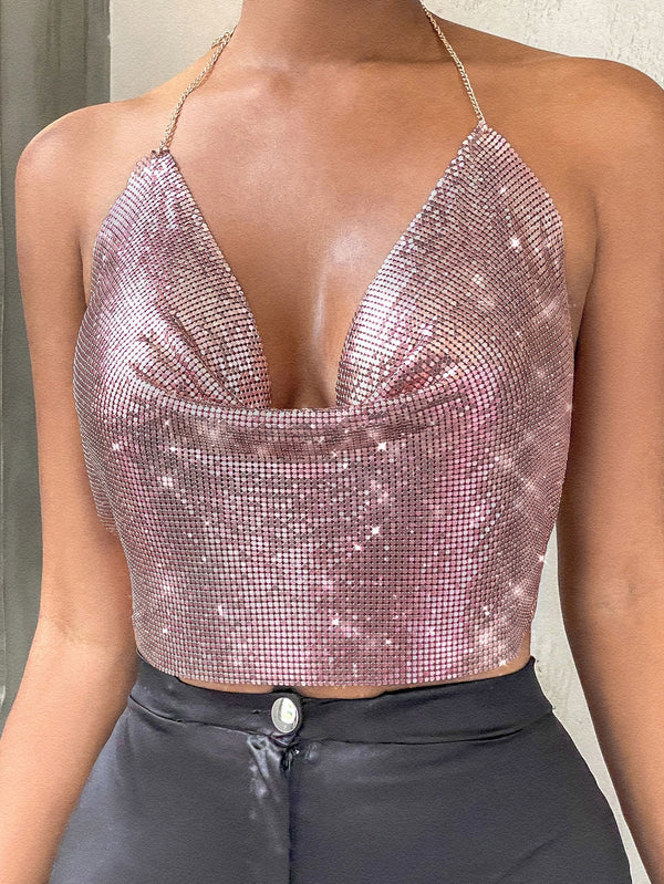My Business Cowl Neck Backless Metallic Chain Halter Top