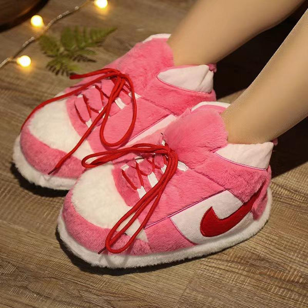 Pink & White Plush Sneaker Slippers