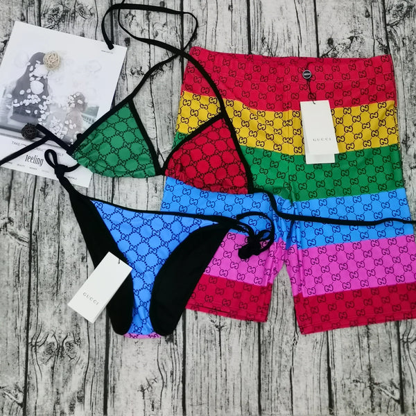 GG Multicolored Couple Swim Set Bikini & Trunks - Gucci
